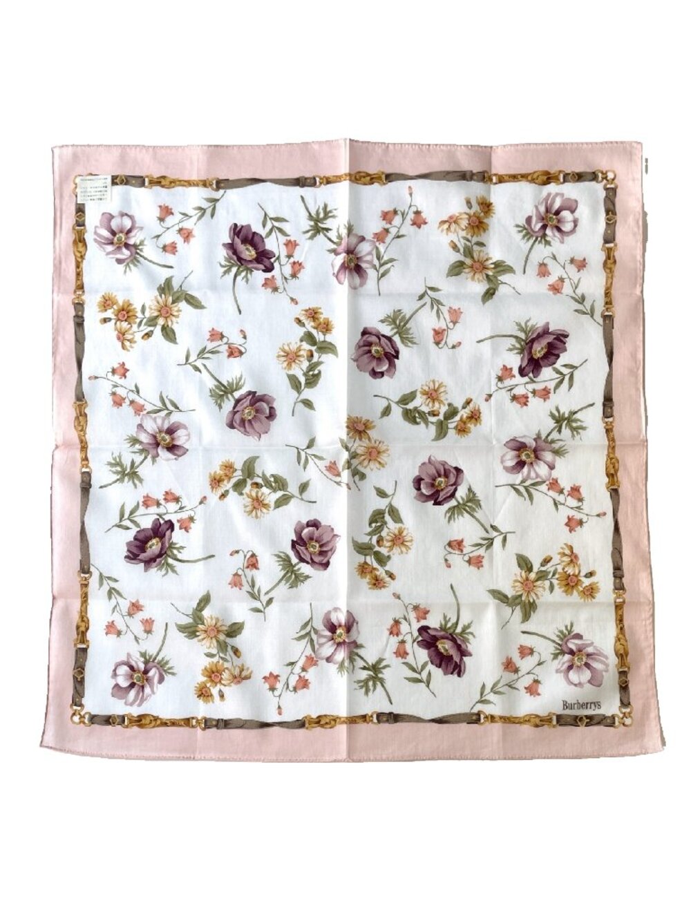 Burberrys Vintage Floral Cotton Scarf Japan Licensed Pink Border 18.5”